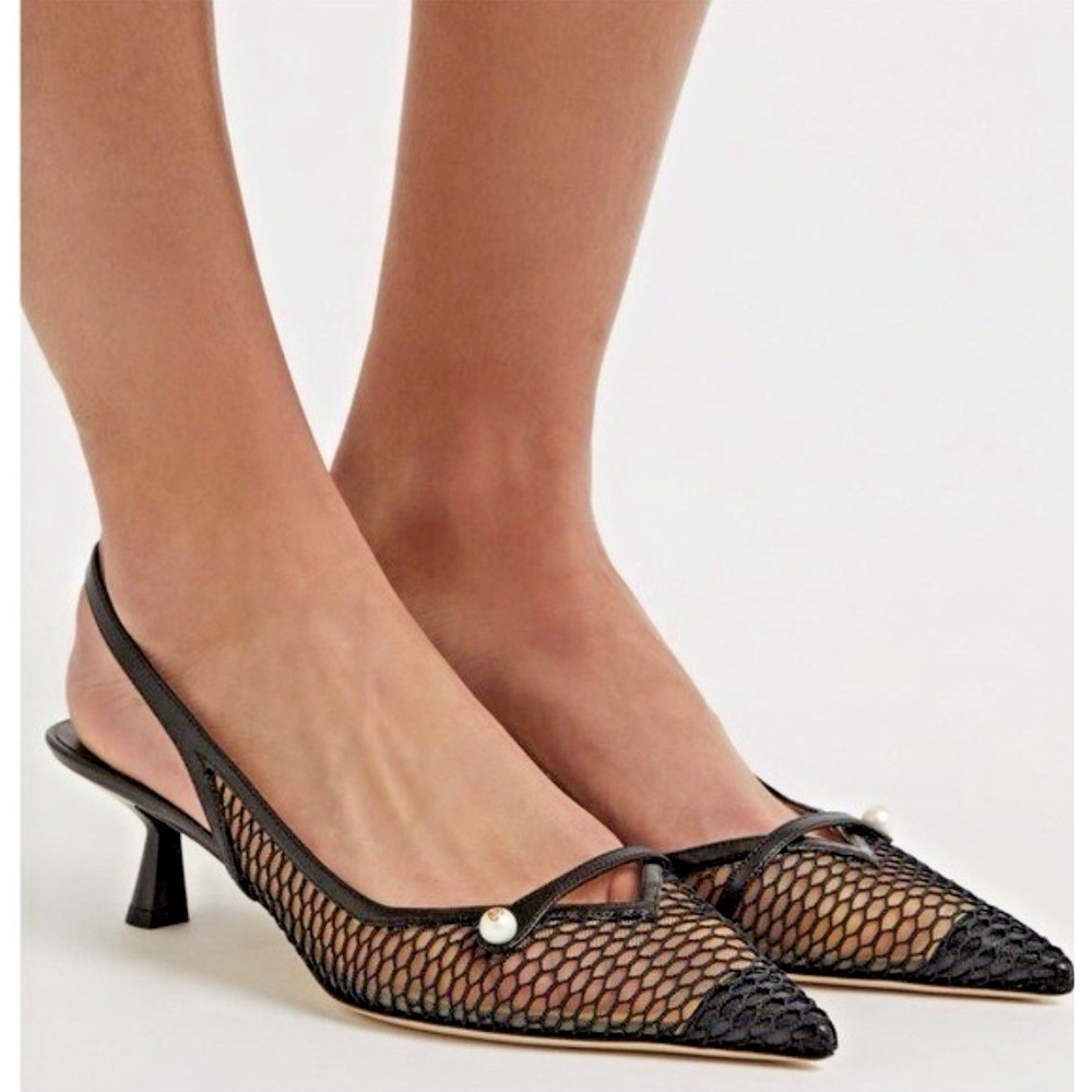 Jimmy Choo Size 40 US 10 Amita 45‎ Slingback Kitten Heel Pumps Fishnet Ballerina